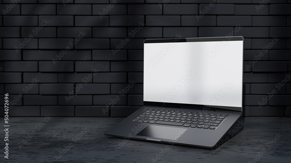 Poster laptop mock-up empty screen front black brick wall. shadow of tree and window. decorate minimalist s