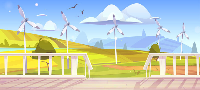 Rural landscape with wind turbines and white wooden house porch. Vector cartoon illustration of summer countryside with power windmills, fields, river, road and terrace with stairs and balustrade