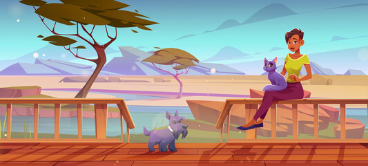 Savannah landscape with wooden terrace and woman with pets. Vector cartoon illustration of oasis in african desert with acacia trees, river and girl sitting on balustrade on terrace with cat and dog