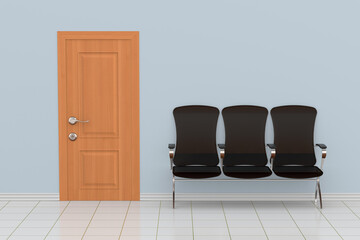 closed wooden door and armchair in hall. 3D illustration