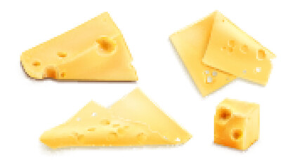 Cheese 3d realistic vector illustration. Triangle, cube or chunk and thin square slices of cheez with holes, food icons set isolated on white background