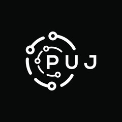 PUJ technology letter logo design on black  background. PUJ creative initials technology letter logo concept. PUJ technology letter design.
