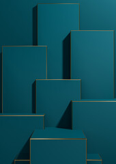Dark teal, aqua blue 3D rendering simple, minimal, geometric background product display pedestal golden lines for luxury products wallpaper template for product advertising