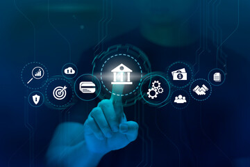 Businessman touches virtual screen technology to do online transactions via internet Connect data to the world. concept of global data connection by internet technology, big data system.