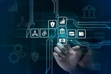 Businessman touches virtual screen technology to do online transactions via internet Connect data to the world. concept of global data connection by internet technology, big data system.