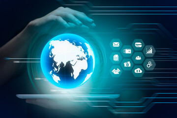 Businessman using tablet Hand touching virtual screen online transactions with internet technology, concept of global data connection by internet technology, big data