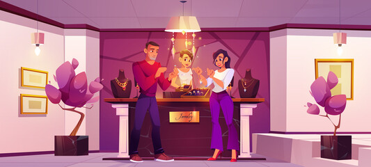 Jewelry shop with seller and customers buy gold chain and ring with diamonds. Vector cartoon illustration of people in luxury store with golden jewellery, necklaces on mannequins and marble counter
