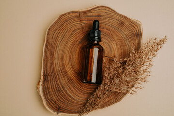 Bird eye view of brown glass bottle on wooden table and plant