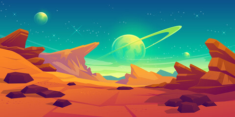 Mars surface, alien planet landscape. Space game background with orange ground, mountains, stars, Saturn and Earth in sky. Vector cartoon fantastic illustration of cosmos and red martian surface © klyaksun