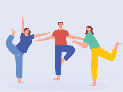 Group yoga poses. Fun sports together. Yoga vector illustration.