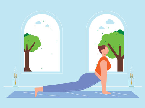 Woman exercising on mat. Healthy lifestyle activities. Yoga vector illustration.