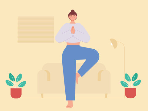 Yoga practice at home. Woman with one leg raised. Yoga vector illustration.