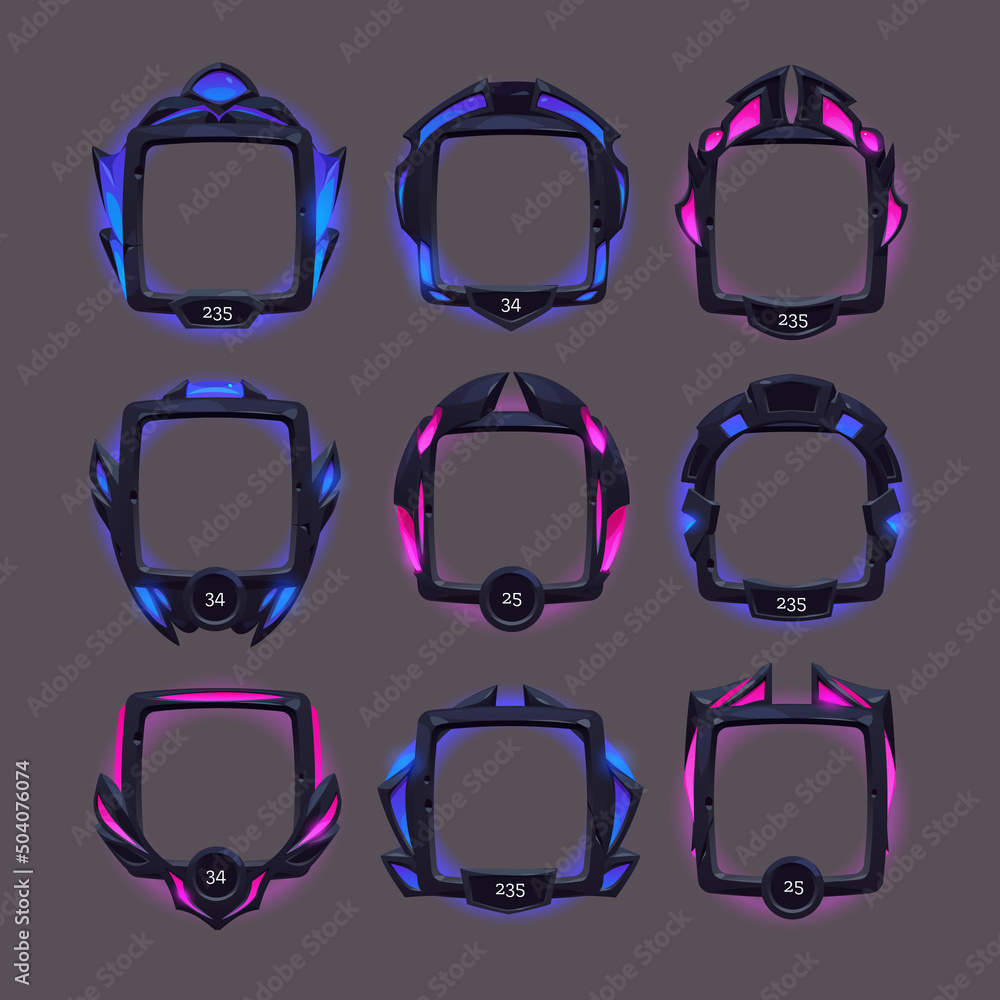 Poster futuristic frames of black metal border for avatar in game interface with level or grade. vector car
