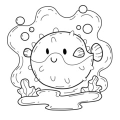 animals coloring book alphabet. Isolated on white background. Vector cartoon puffer fish.