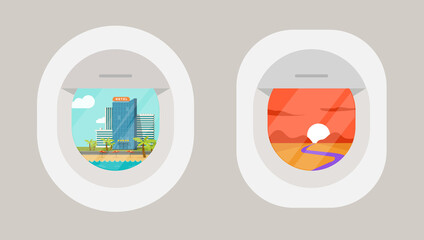 Plane window view flat vector or airplane porthole with travel city resort scene and sunset mountains nature trip landscape cartoon illustration, see beach vacation and aircraft journey concept image