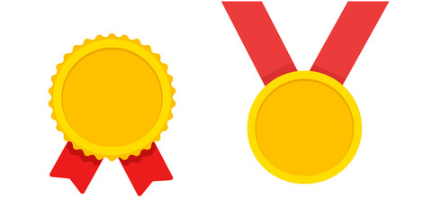 Medal gold award flat icon vector or blank empty golden achievement medallion hanging yellow with red ribbon isolated on white background cut out graphic illustration, winner 1st place trophy template - obrazy, fototapety, plakaty