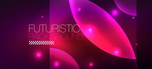 Abstract background with neon glowing light effects. Round shapes, triangles and circles. Wallpaper for concept of AI technology, blockchain, communication, 5G, science, business and technology