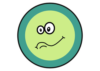 A circle cartoon emoticon with a green face, teal border, big eyes, tongue out, and cheeky smile. Bold lines and bright colors convey playfulness, mischief, and joy, perfect for fun themes.