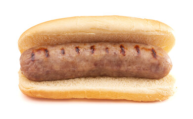 Grilled Bratwurst in a Hotdog Bun on a White Background