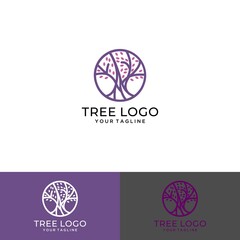 Tree circle logo icon design template. Round garden plant natural line symbol. Green branch with business sign leaves. Vector illustration.
