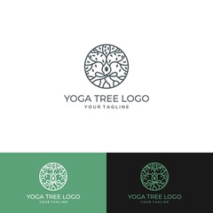 Tree circle logo icon design template. Round garden plant natural line symbol. Green branch with business sign leaves. Vector illustration.