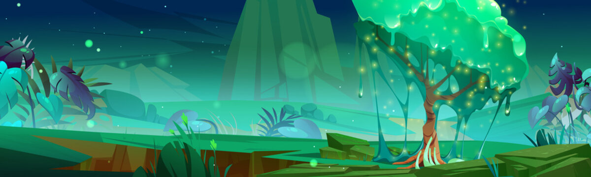 Fantasy game landscape of alien world with tree with green dripping slime. Vector cartoon illustration with fantastic tree with sticky foliage, tropical plants, grass and mountains at night
