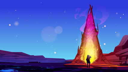 Man traveler walk to magic portal between tree trunks at night. Vector cartoon fantasy illustration for adventure game background. Mountain landscape with fantastic glow gates to alien world