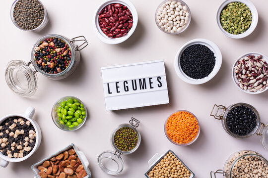 Variety of legumes, lentils, beans, plant based vegan protein source