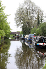 Obraz premium Tranquil setting showing canal with boats, bridge, plants and ducks.