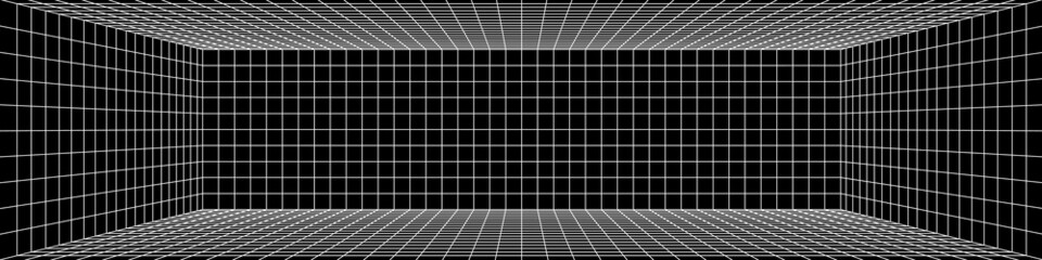 3D digital one point perspective grid room. White mesh on black background. Empty indoor studio frame blueprint. Virtual three dimension scene. Easy guide vector architecture template