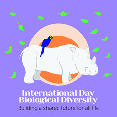 International Day for Biological Diversity illustration. vector EPS10. Suitable for banner, poster, greeting card, mug, shirt, template and print advertising. Illustration of a bird and a rhinoceros.