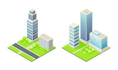 Modern city houses set. Exterior of urban buildings isometric vector illustration