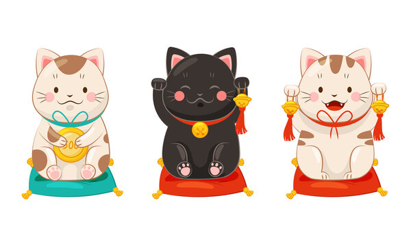 Set of Japanese lucky cat maneki neko. Traditional Japan culture sculpture vector illustration
