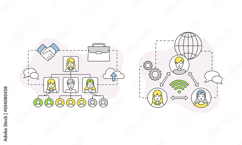Poster business and start-up development with crowdfunding platform vector line composition set