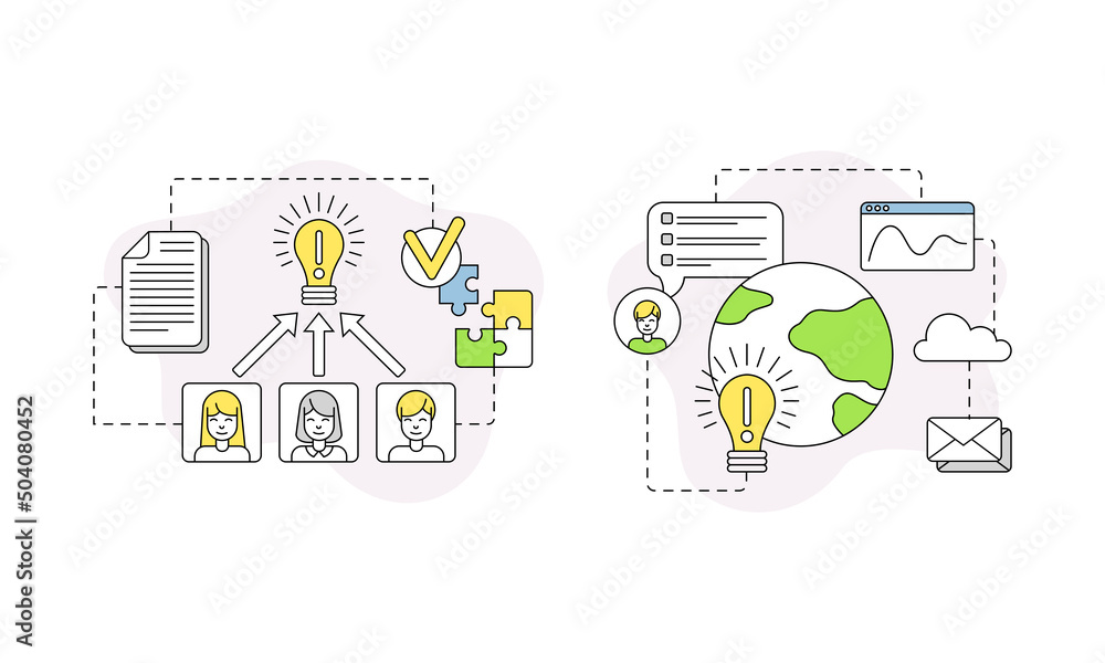 Poster business and start-up development with globe and light bulb vector line composition set