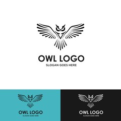 Template for logos, labels and emblems with owl white contours. Vector illustration.