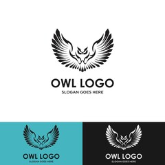 Template for logos, labels and emblems with owl white contours. Vector illustration.