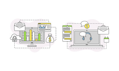 Business and Start-up Development with Chart on Computer and Call Center Vector Line Composition Set