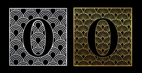 Latin ABC on classic Art Deco abstract background. Gold and silver scrapbook paper. Letter O