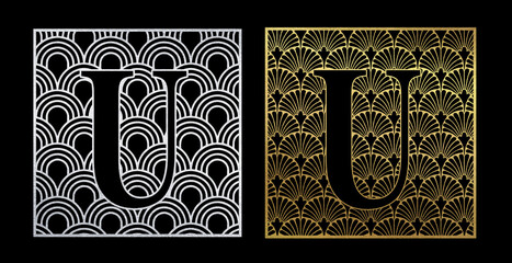 Latin ABC on classic Art Deco abstract background. Gold and silver scrapbook paper. Letter U