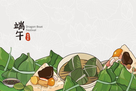 Happy dragon boat festival background template with rice dumpling Premium Vector