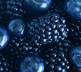 Blueberry and Blackberry background. Ripe and juicy fresh picked ripe berries backdrop