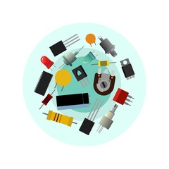 Set of radio components. Element for radio circuit. Electronics detail. Scattered in disarray. Object isolated on white background. Logo and logotype. Vector