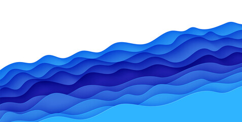 Abstract background with water waves in paper cut style. 3d wallpaper with cut out deep wavy modern cover. Blue color layers with smooth shadow papercut art. Vector illustration, origami shapes