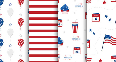 Independence Day of USA. Set of seamless patterns with festive elements. Holiday background for 4th of July celebration. National Freedom Day. Vector illustration in flat cartoon style.