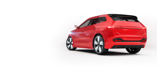 Shiny red SUV car isolated on white at back angle view. Professional 3d rendering of own designed generic non existing car model.