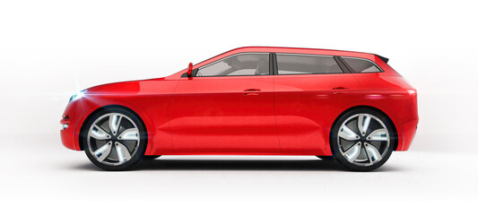 Shiny red SUV car isolated on white at side view. Professional 3d rendering of own designed generic non existing car model.