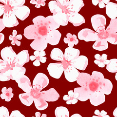 Seamless sakura pattern. Watercolor illustration. Isolated on a red background. For design.