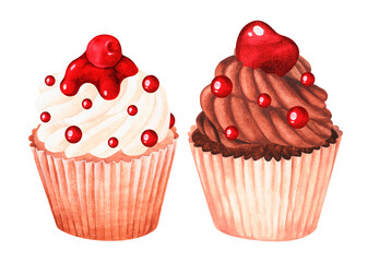 Cherry Cupcakes set. Watercolor illustration. Isolated on a white background. For design.