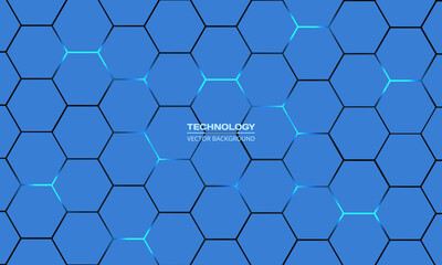 Blue hexagonal technology vector abstract background. Blue bright energy flashes under hexagon in modern technology futuristic background vector illustration. Blue vector honeycomb texture grid.